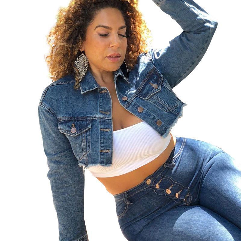 Plus Size Hand Frayed Washed Denim Casual Street  Coat Denim Jacket Women Clothing