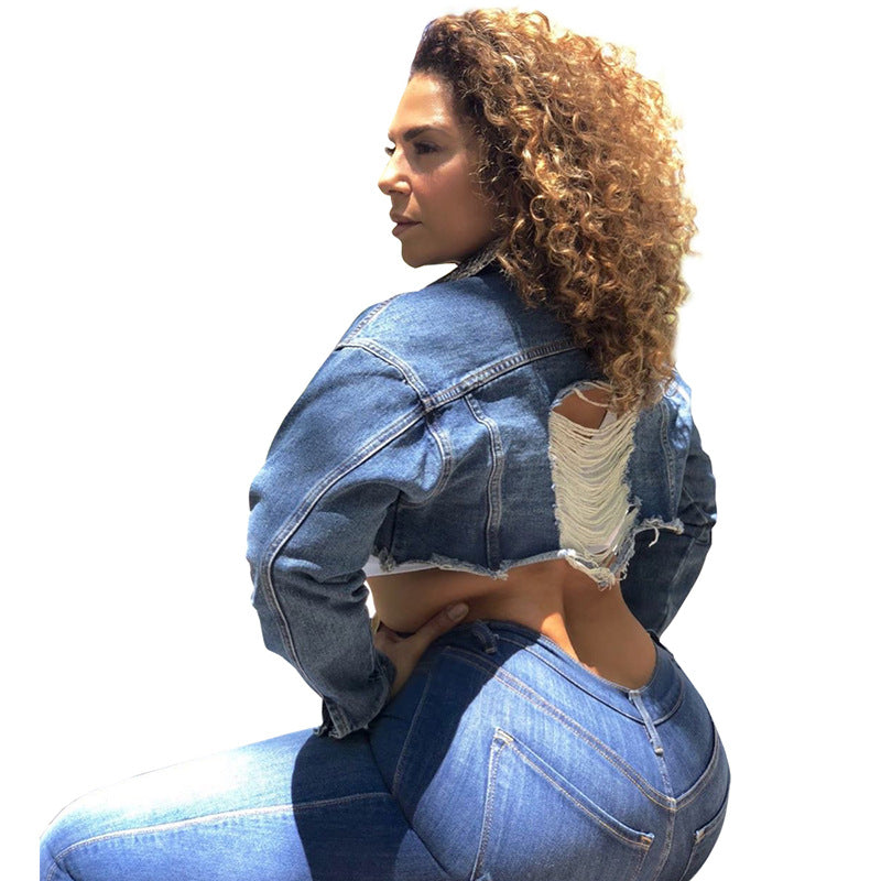 Plus Size Hand Frayed Washed Denim Casual Street  Coat Denim Jacket Women Clothing