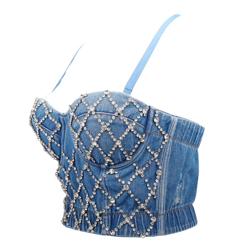 Maryangel Rebel denim beaded tube top, cropped camisole for women, perfect for summer dancing and body shaping.