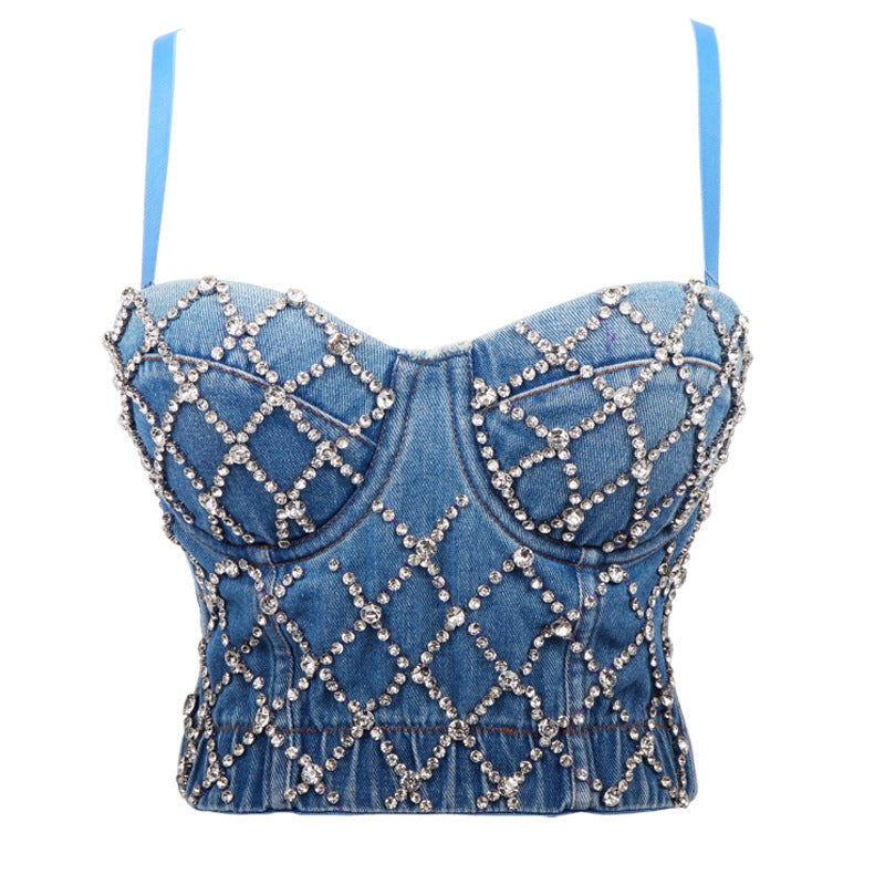 Maryangel Rebel denim beaded tube top, cropped camisole for women, perfect for summer dancing and body shaping performance wear.