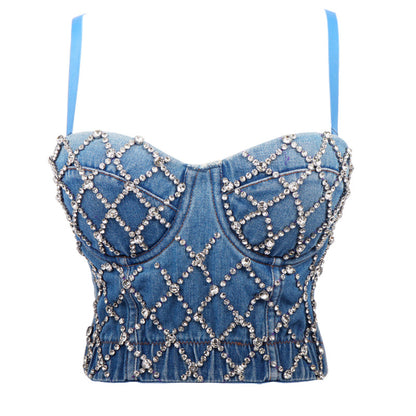 Maryangel Rebel denim beaded tube top, cropped camisole for women, perfect for summer dancing and body shaping performance wear.