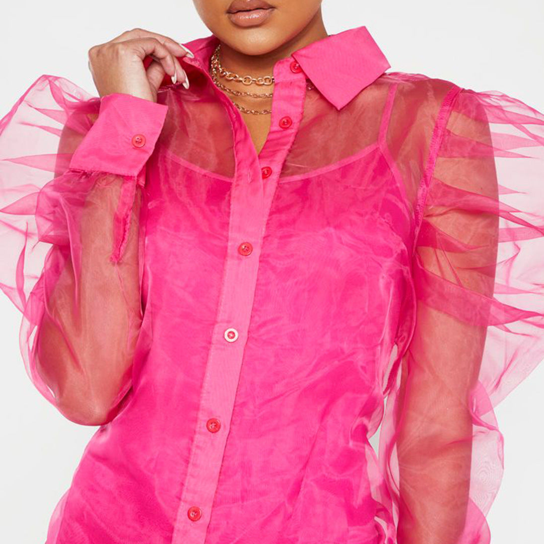 Plus size women's puff sleeve organza cardigan dress in soft fabric by Maryangel Rebel, styled for spring and summer.