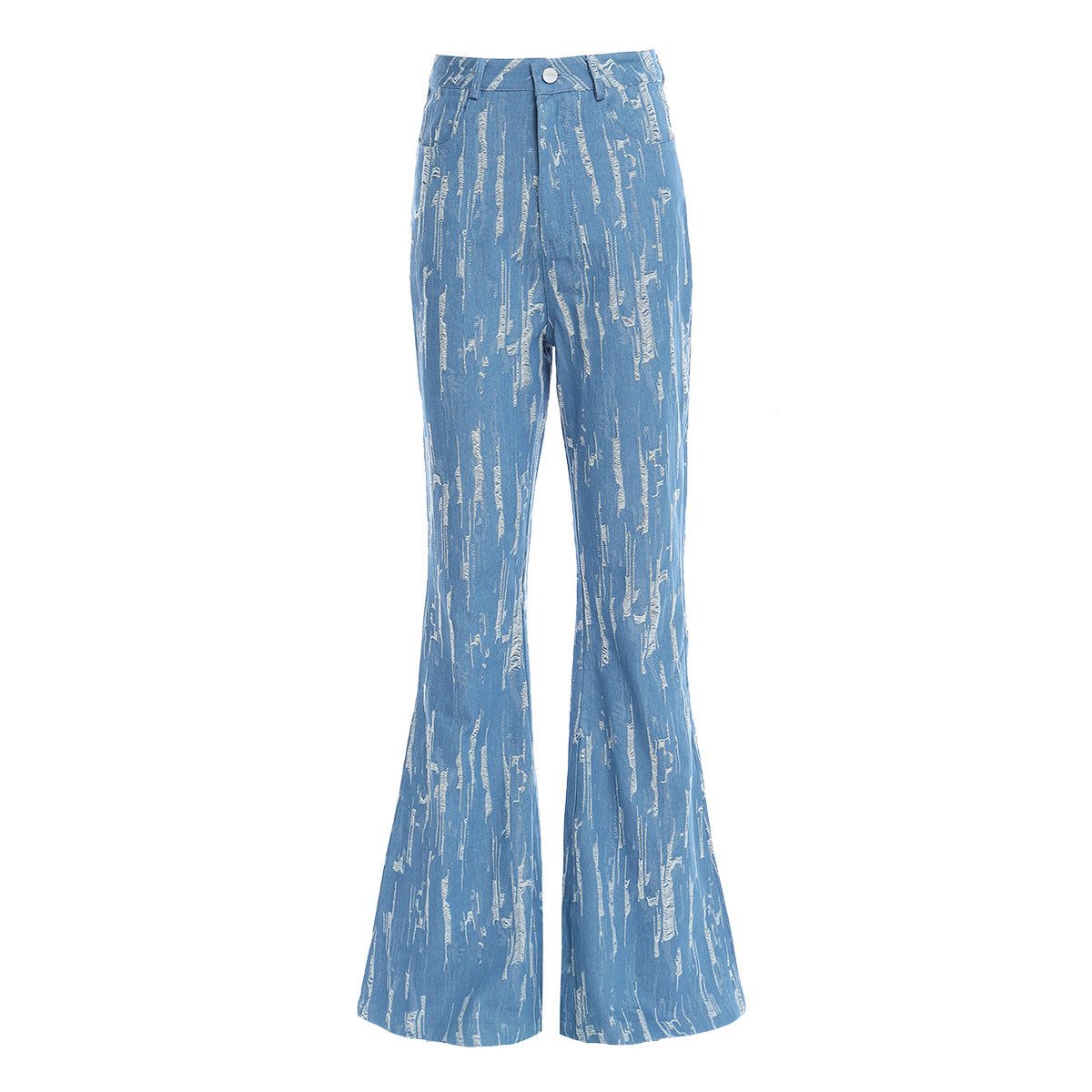 Maryangel Rebel women's retro modern bell bottom jeans with a worn-out texture, styled casually for a vintage look.