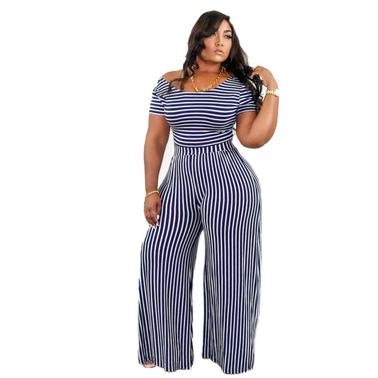 Plus size striped print short sleeve suit by Maryangel Rebel, featuring a wide collar and a loose, casual fit.
