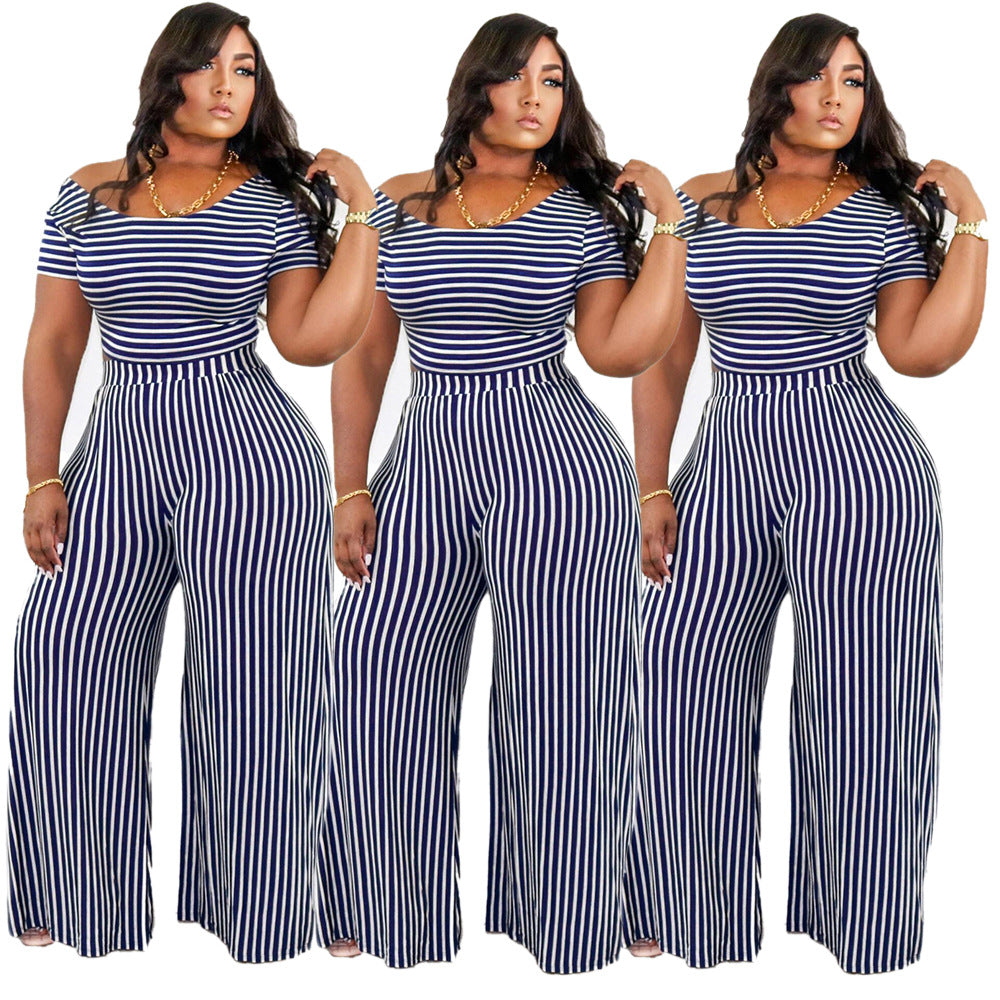 Plus size striped print short sleeve suit with wide collar by Maryangel Rebel, featuring a loose casual fit.