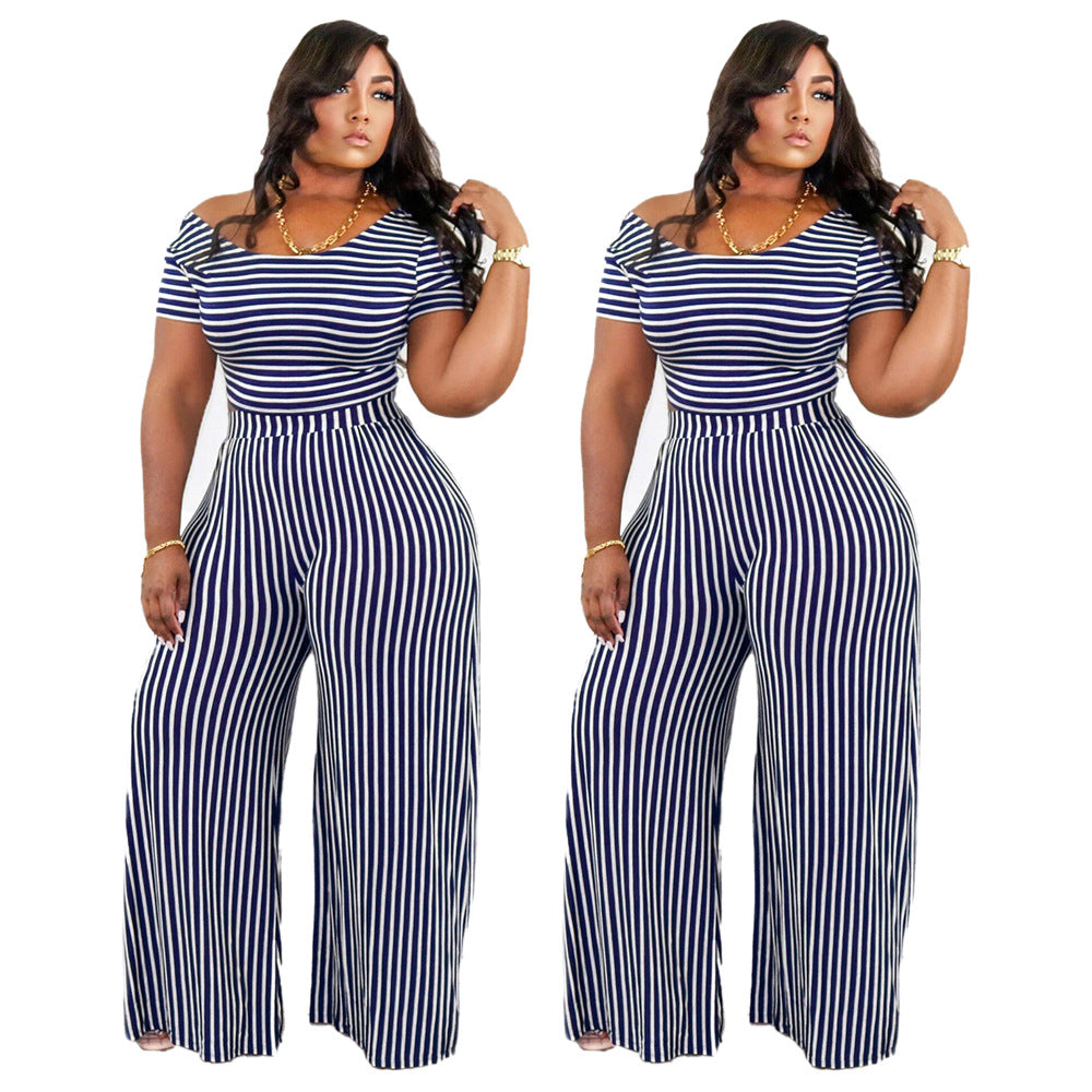 Plus size striped print suit by Maryangel Rebel, featuring a wide collar and short sleeves in a loose, casual fit.