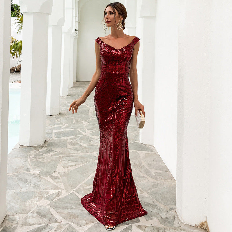 Maryangel Rebel women's sexy sequined tube top fishtail prom gown in elegant black for formal banquets and parties.