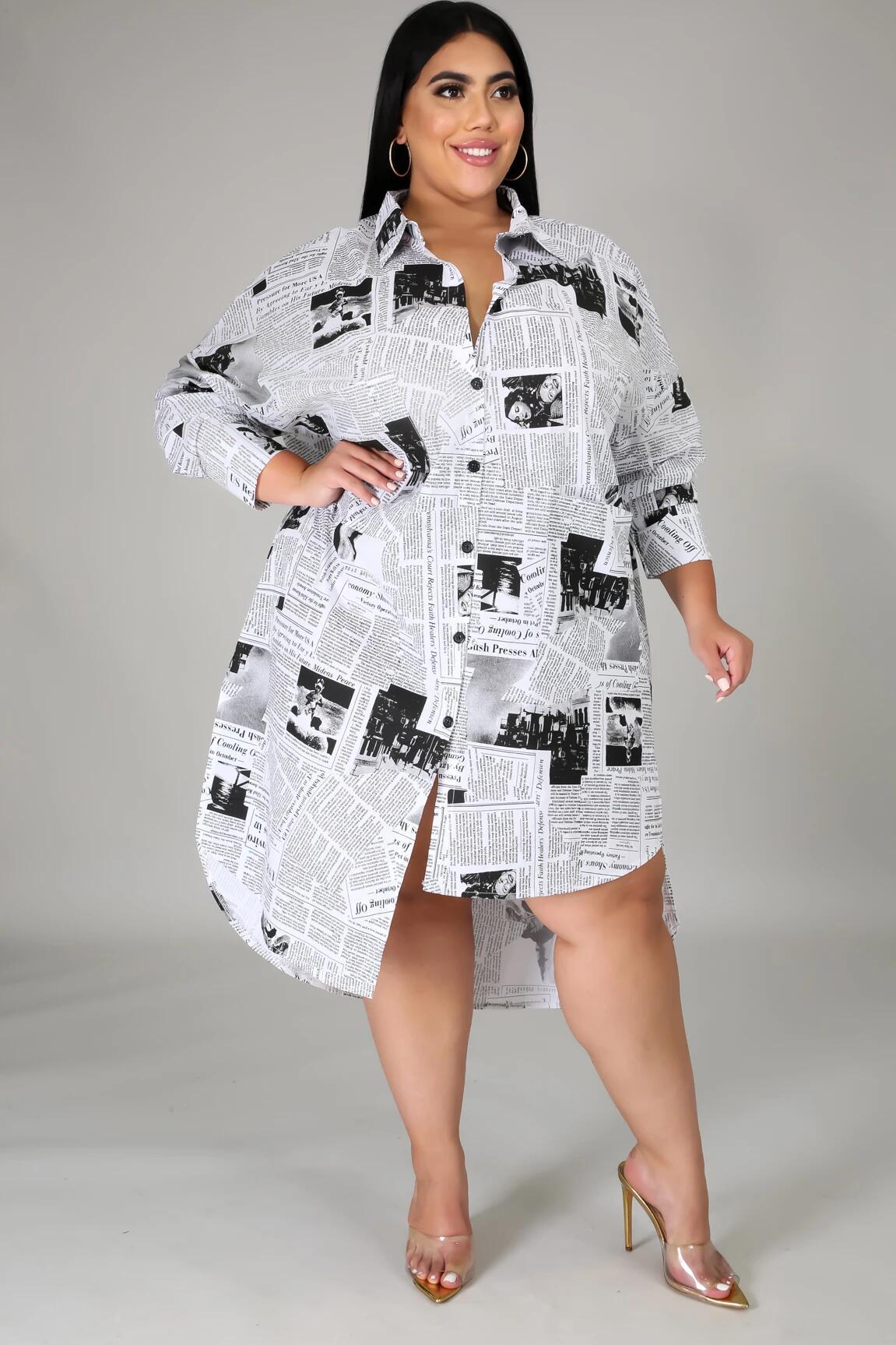 Plus size Maryangel Rebel women's shirt dress with collared neckline and irregular newspaper print design.