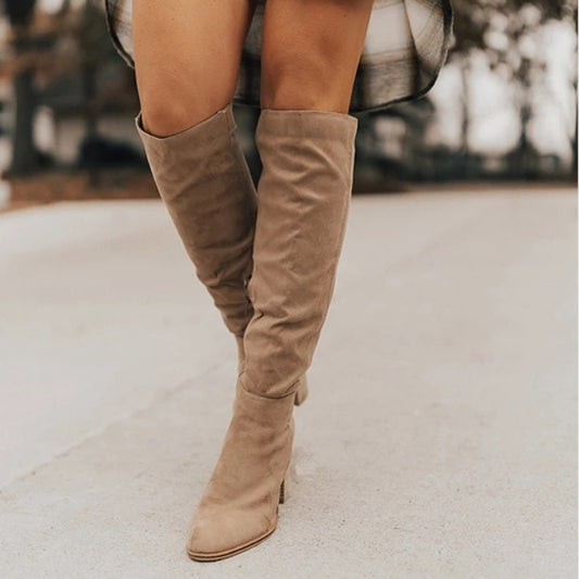 Plus size Maryangel Rebel long suede boots with chunky heel, pointed toe, and side zip in solid color.
