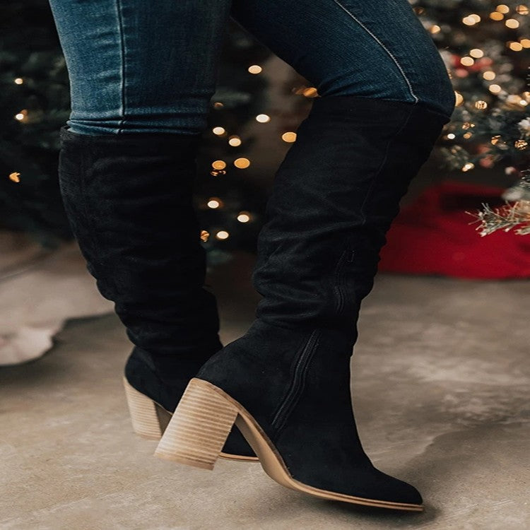 Plus size Maryangel Rebel long suede boots with chunky heel, pointed toe, and side zip in solid color.