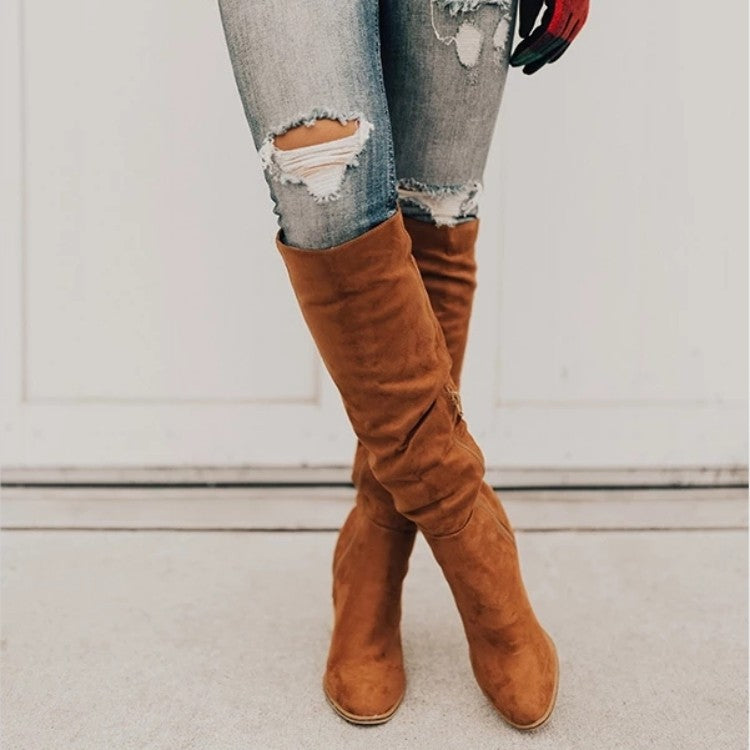 Plus size Maryangel Rebel long suede boots with chunky heel, pointed toe, and side zip in solid color.