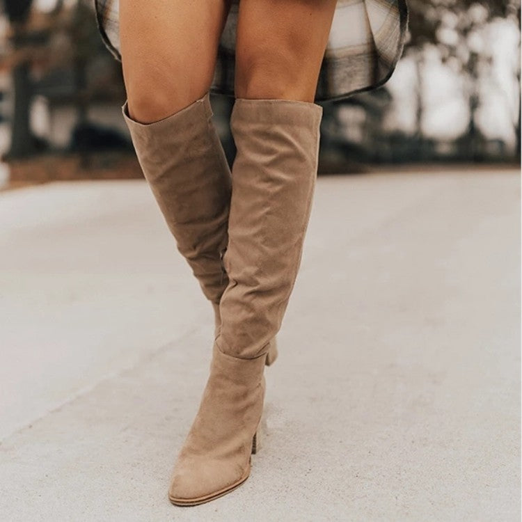 Plus size Maryangel Rebel suede long boots with chunky heel, pointed toe, and side zip in solid color.
