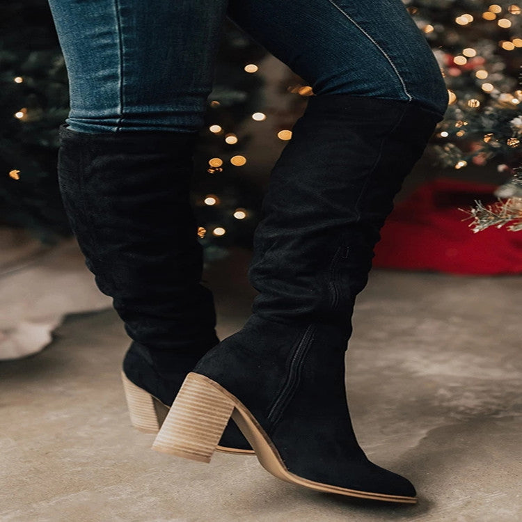 Plus size Maryangel Rebel long suede boots with chunky heel, pointed toe, and side zip in solid color.