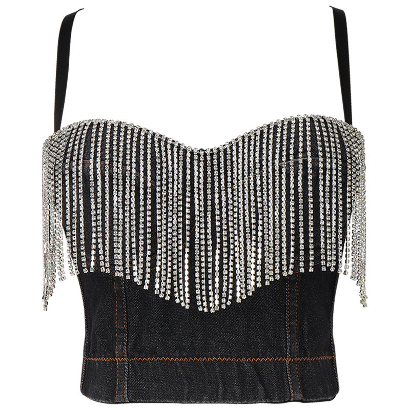 Denim tube top with tassel and rhinestone details, featuring a chest pad, by Maryangel Rebel for trendy women.