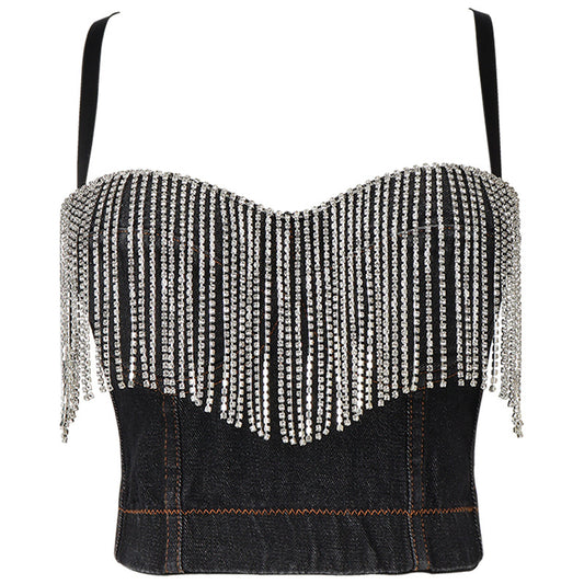 Denim tube top with tassel and rhinestone details, featuring a chest pad, by Maryangel Rebel for trendy women.