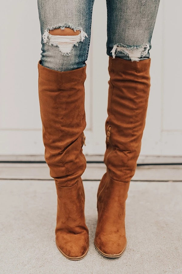 Plus size Maryangel Rebel long suede boots with chunky heel, pointed toe, and side zip in solid color.