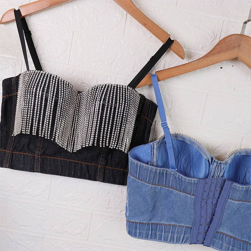Maryangel Rebel denim tube top with tassels and rhinestones, featuring a chest pad, perfect for trendy women’s disco wear.