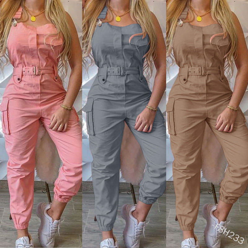 Plus size women’s jumpsuit by Maryangel Rebel, featuring sleeveless suspenders and ankle banded design in a workwear style.