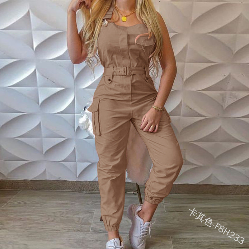 Plus size women’s workwear jumpsuit by Maryangel Rebel, featuring sleeveless suspenders and ankle banded design.