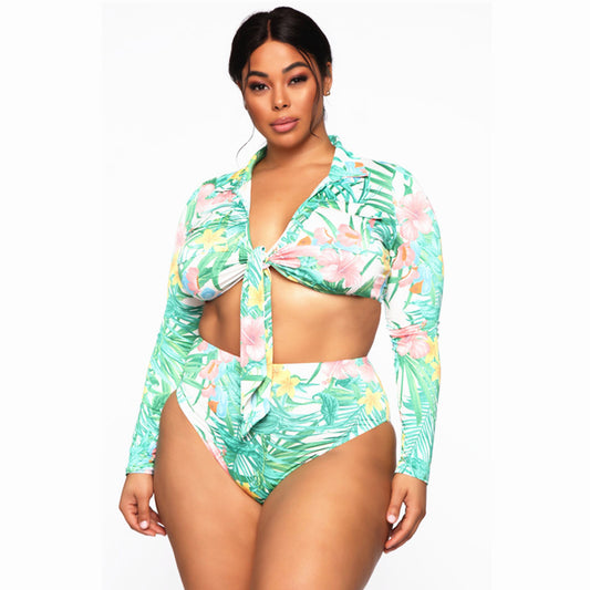 Plus Size Bikini  Swimsuit Long Sleeve High Waist