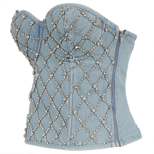 Maryangel Rebel diamond beaded denim tube top with lace-up design, showcasing a slim fit and zipper detail for women.