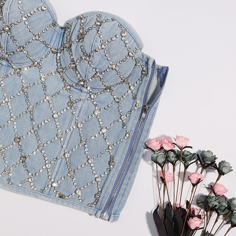 Maryangel Rebel women's strapless denim tube top with diamond beads and lace-up detail, showcasing a slim fit design.
