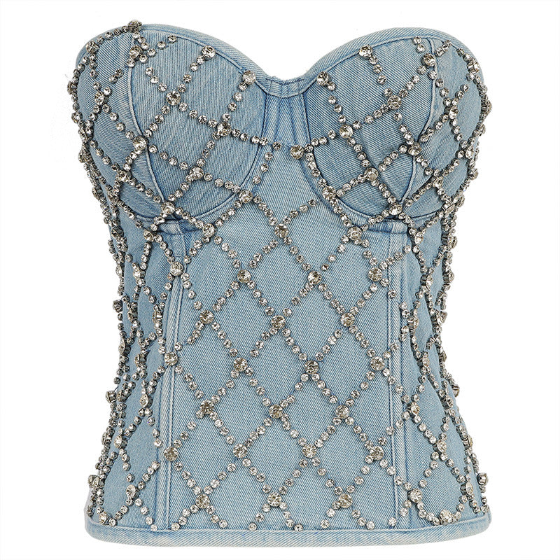 Maryangel Rebel diamond beaded denim tube top with lace-up detail and zipper, showcasing a slim fit design for women.