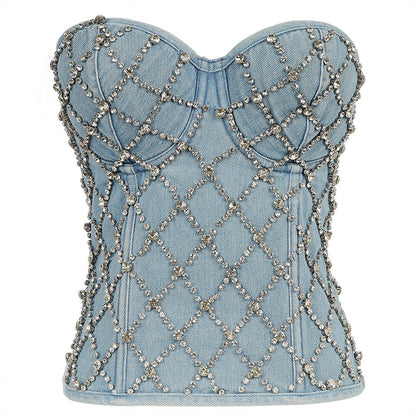 Maryangel Rebel strapless denim tube top with diamond beads, lace-up design, and slim fit for women's performance wear.