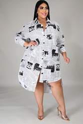 Plus size Maryangel Rebel collared shirt dress featuring newspaper print and an irregular asymmetric design.