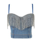 Denim tube top by Maryangel Rebel featuring tassels and rhinestones, designed for trendy women's disco outfits.