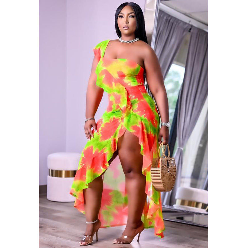 Plus size summer dress by Maryangel Rebel with single sleeve, asymmetric design, and flounced skirt edge.