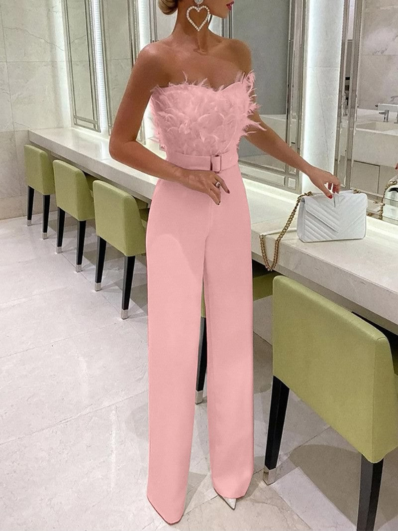 Maryangel Rebel feather tube top jumpsuit featuring a fitted design and stylish feathers for a trendy look.