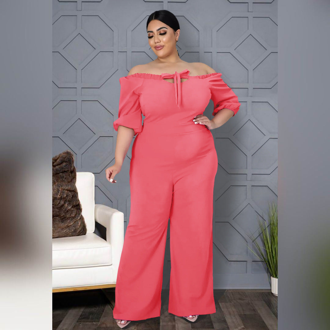 Combinaison à jambes larges et à bretelles de couleur unie de grande taille pour femmes