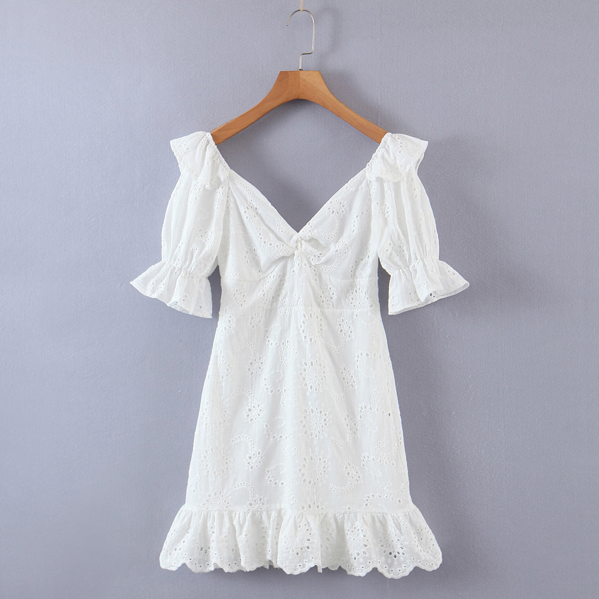 Maryangel Rebel early spring full lace short sleeve ruffled dress in a vibrant color, showcasing intricate lace details.
