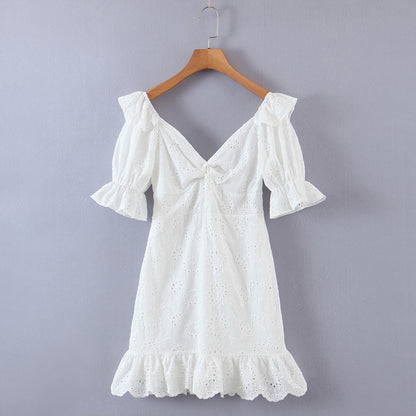 Maryangel Rebel early spring full lace short sleeve ruffled dress in a vibrant color, showcasing intricate lace details.