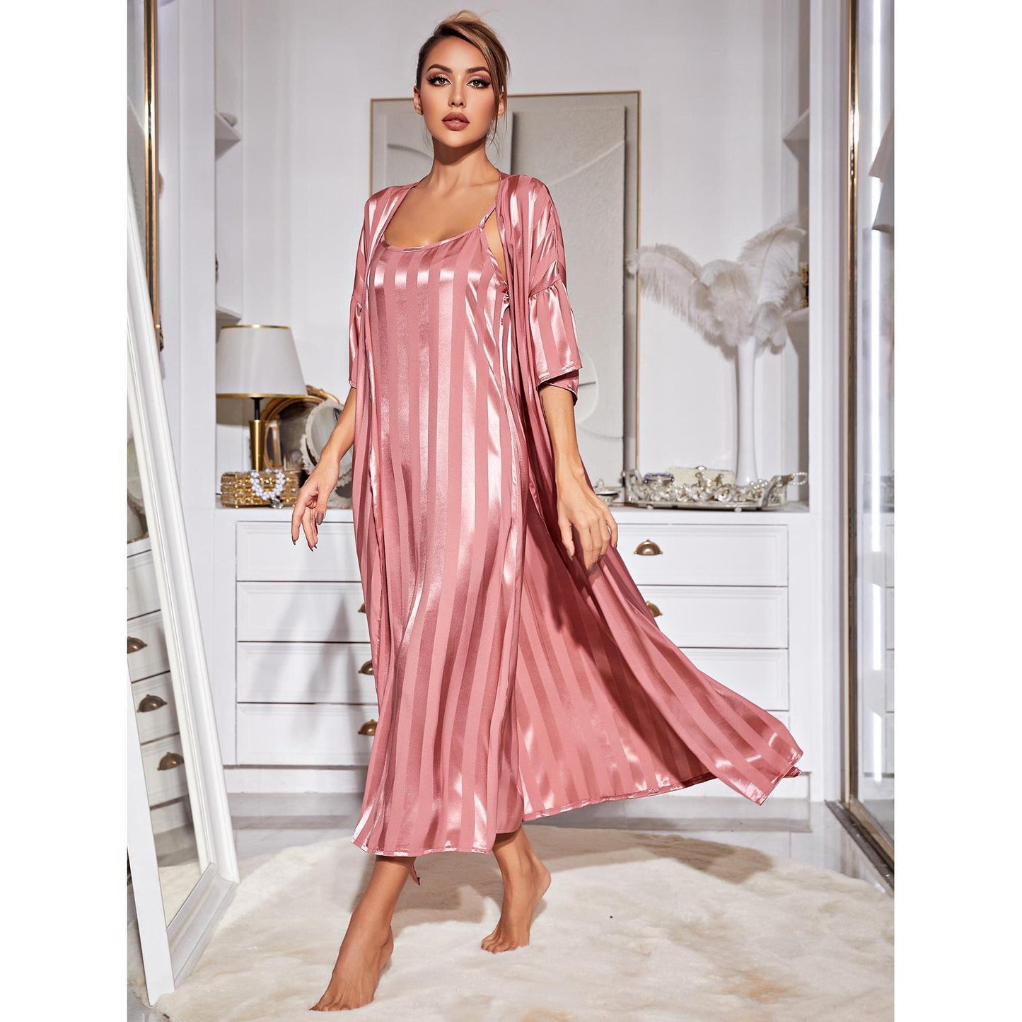 Sling Pyjamas Femmes Deux Pièces Ensemble Longue Robe Soie Haute Qualité Home Wear Set