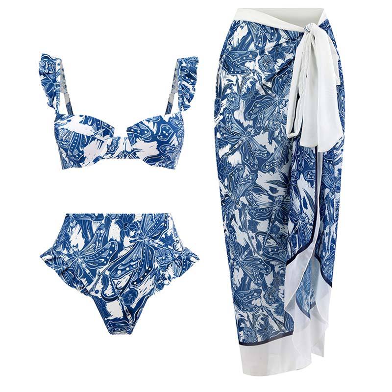 Maillot de bain rétro fendu trois pièces maillot de bain jupe de plage à lacets