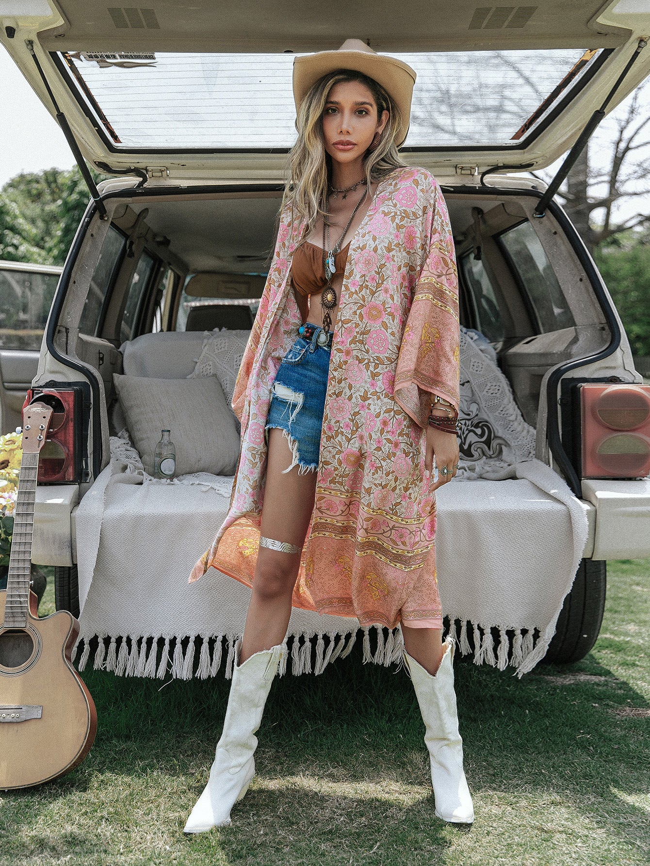 Kimono scialle stampato con posizionamento sciolto, lunghezza media, da donna