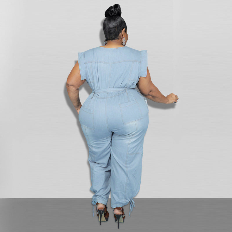 Plus Size Women  Clothing New Denim Short Sleeve Wash Jumpsuit Trousers Sexy New