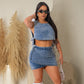 Maryangel Rebel two-piece sexy denim set featuring a fitted vest and short skirt, showcasing a stylish and trendy look.