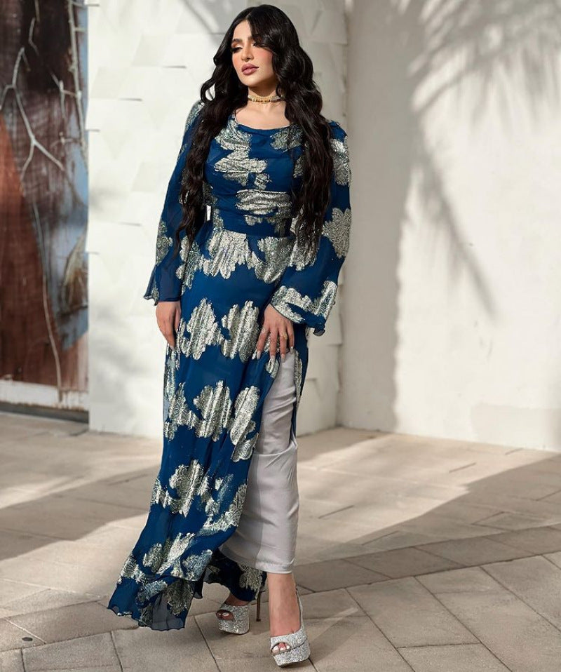 Women’s bronze printed chiffon ball gown dress by Maryangel Rebel, featuring a flowing design and elegant silhouette.