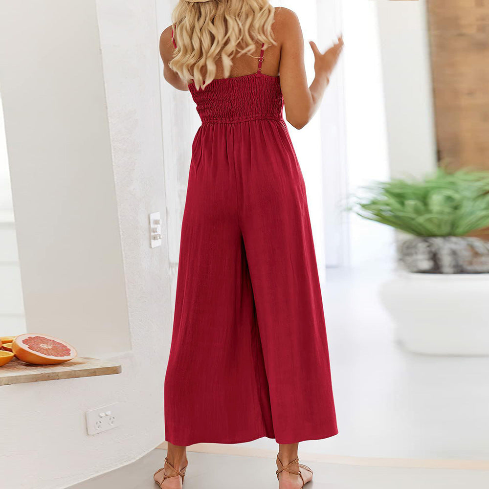 Été couleur unie femmes jarretelles pantalon taille coupe bretelles spaghetti longue jambe large pantalon combinaison