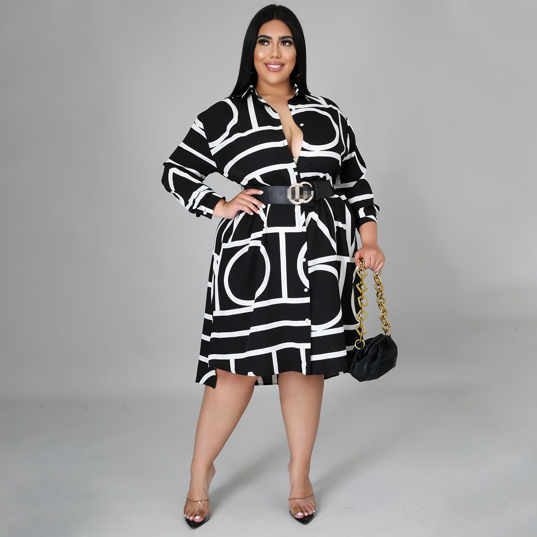 Plus size Maryangel Rebel shirt dress featuring a pleated waist and vibrant print, ideal for stylish women's fashion.