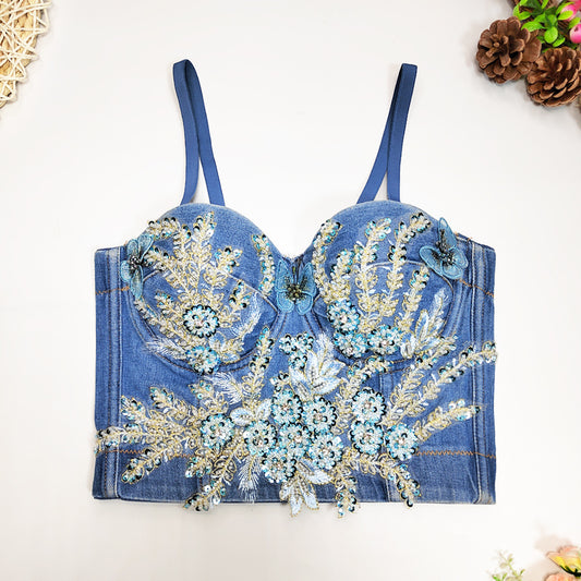 Maryangel Rebel denim camisole vest with wrapped chest design, ideal for night club outings and casual summer wear.