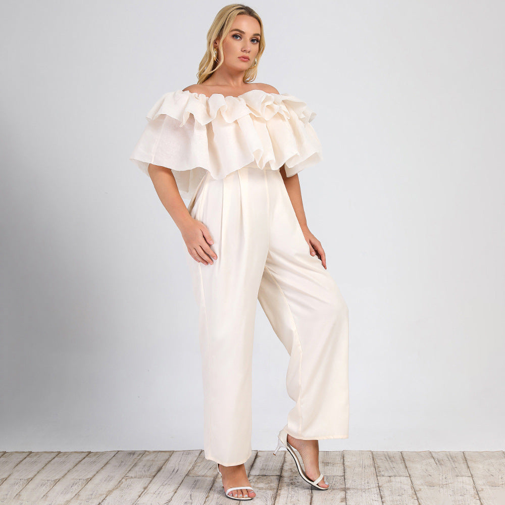 Plus size women's off-shoulder jumpsuit with lotus edge, solid color, and straight-leg style by Maryangel Rebel.