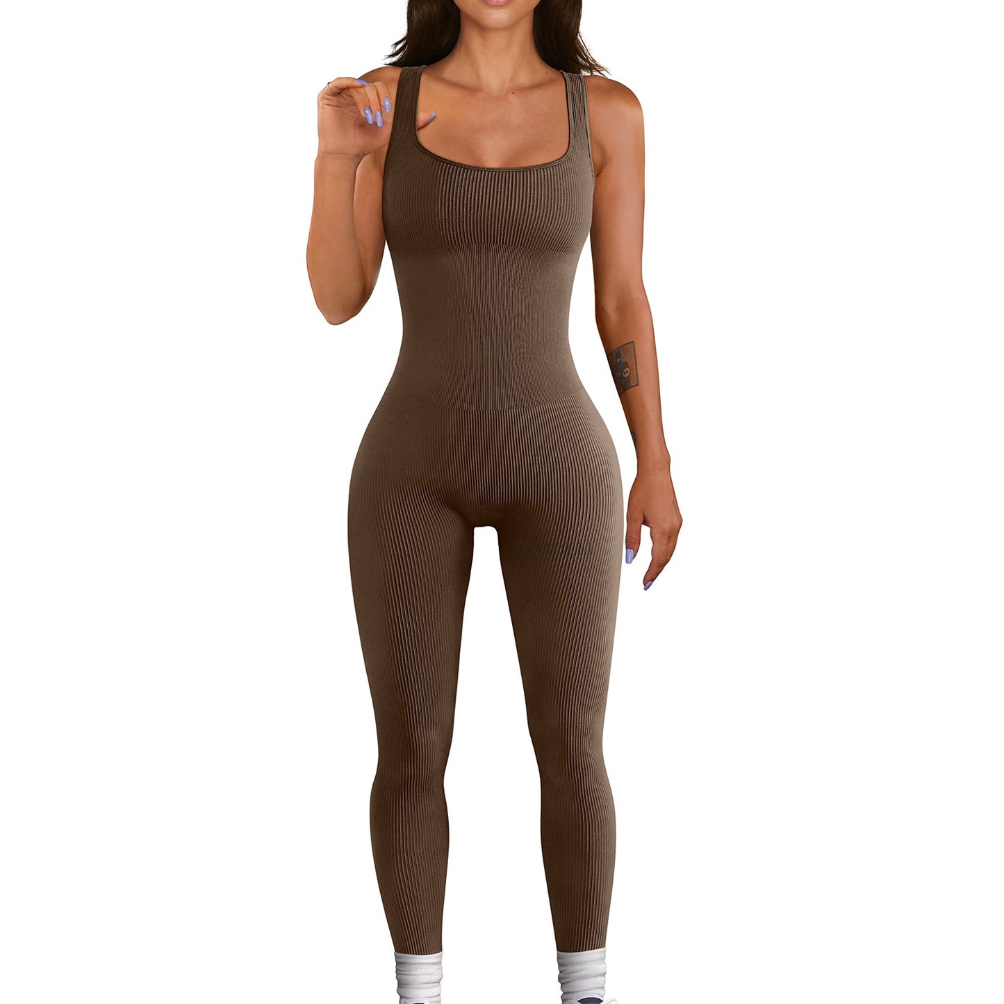Vêtements pour femmes Gilet sans manches Combinaison Fil Col carré Hip Raise Slim Fit Sexy Jumpsuit