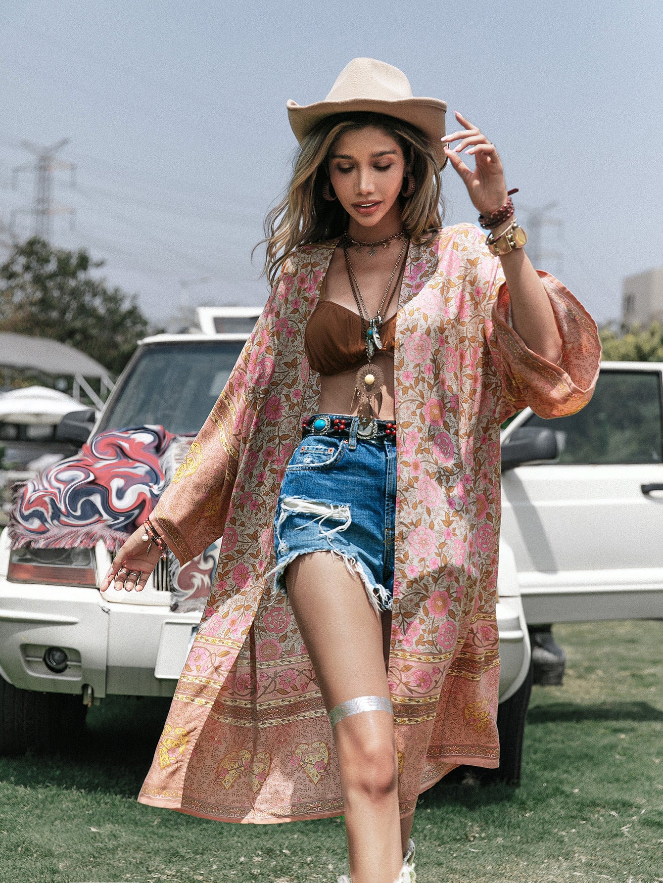 Kimono scialle stampato con posizionamento sciolto, lunghezza media, da donna