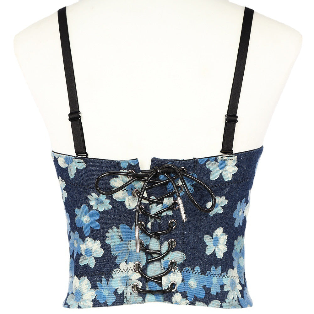 Backless lace-up denim camisole by Maryangel Rebel, featuring a slim fit and sexy design for women's outerwear.