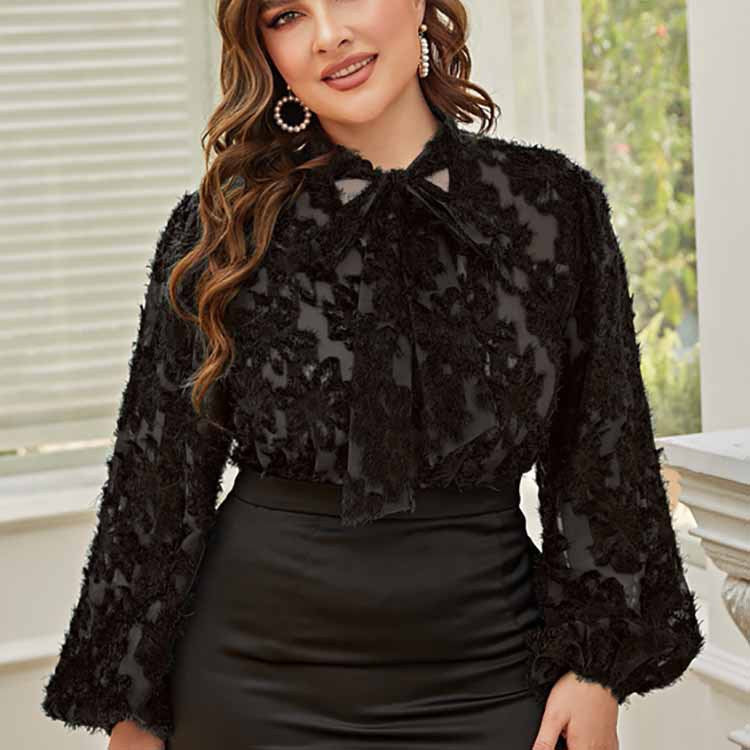 Plus size women’s long sleeve lace-up bow top in black, featuring a loose fit, perfect for office wear by Maryangel Rebel.