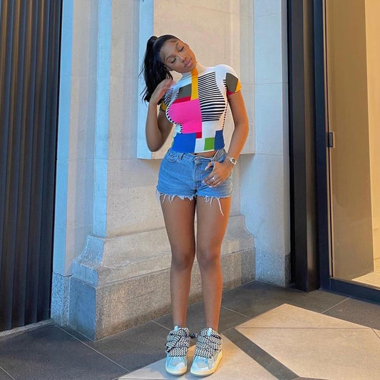 Maryangel Rebel women's short sleeve half turtleneck t-shirt with geometric abstract print in a slim fit style.